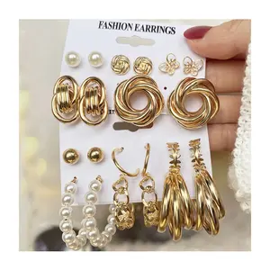 Ensemble de boucles d'oreilles en métal pour femmes, Punk, perle, goutte, tendance 2021, ensemble de boucles d'oreilles, bijoux en gros or Vintage géométrique