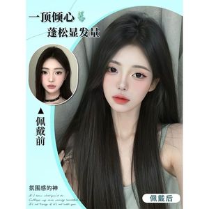 Korean Style Full <b>Head</b> Wig Long Straight Black Center Parted Natural Realistic Hand Knitted Seamless Fluffy Wig <b>Cover</b> For Women - Product Image 1