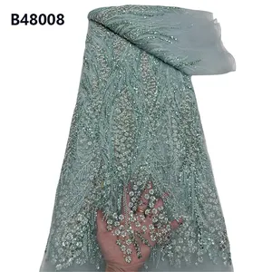 CHOCOO Tecido de renda com contas 3D preto para mulheres bordado de flores tecido de renda com miçangas de lantejoulas para vestido de noiva