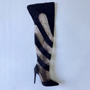 Wholesale Mesh Cut Out Women's Over Knee High Boots Denim Stiletto Heels Leopards <b>Shoes</b> Side Zipper Summer Long Booties - Product Image 3