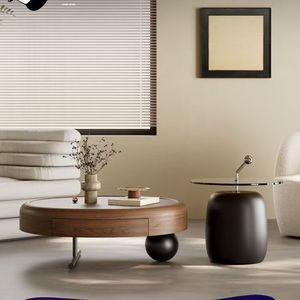 Italian Style Solid Wood Round Coffee <b>Table</b> <b>Set</b> With <b>Side</b> <b>Table</b> For Small Apartments And Living Rooms - Product Image 1