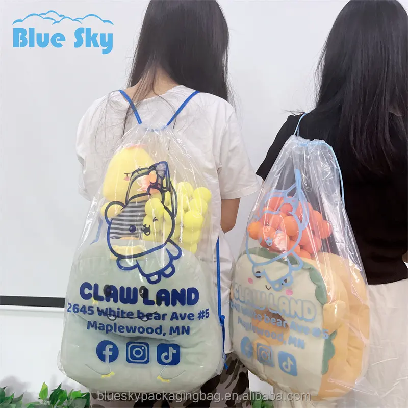 Ventes numéro un fabriquées en Chine sac de rangement à cordon de grande capacité ours en peluche poupée sac à dos en plastique transparent en pvc anti-poussière