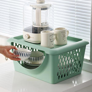 Green Rectangle Kitchen <b>Storage</b> <b>Basket</b> With Handle For Fruit Vegetable Organizing <b>Large</b> Size Plastic Stackable Container - Product Image 5