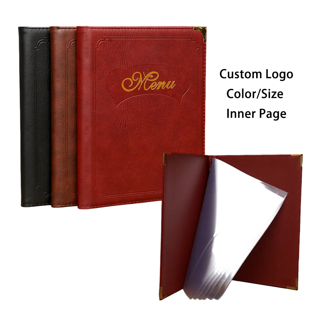 Custom Logo Size Color A4 Restaurant Leather Menu Covers Holders with PVC Double View Insert Inside Pages