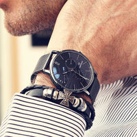 Jam Tangan Pria Mark Fairwhale Black Gold Steel Quartz Dual Style Chronograph Small Seconds Dial Kalender Display Bisnis