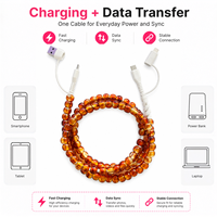 Kabel Pengisi Daya Ponsel 4 in 1 Amber Beaded, Manik-manik Coklat Transparan, USB Type C, Kabel Pengisian Multi, Gaya Vintage