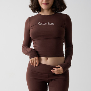 T-shirt basique à manches longues pour femme, 90 % coton, 10 % élasthanne, coupe ajustée très extensible, hauts de sport pour la gym - Product Image 1
