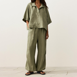 Camicetta da <span class=keywords><strong>Donna</strong></span> in Puro <span class=keywords><strong>Lino</strong></span> con Colletto a Polo, Mezza Abbottonatura, Vestibilità Ampia, Stile Resort Casual Loungewear, Taglio Corto Oversize, Mezza Manica - Product Image 2