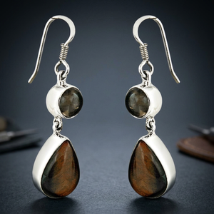 Nouvelles Boucles d'Oreilles Pendante Tendance en Quartz Brun et Labradorite Naturelle Taillée Poire, en Argent Sterling Massif 925, pour Mariage Indien - Product Image 2