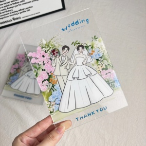 Panneau de bienvenue et de remerciement de mariage en acrylique transparent de luxe, personnalisé avec illustration de couple de dessin animé et motif floral d'hortensia, impression sur mesure - Product Image 1