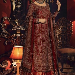 2021 Stylish Bridal Dress with Long <b>Kurta</b> & Lehenga Embellished in Crystal Glass Beads Stone Work Traditional <b>Silk</b> for Parties - Product Image 1