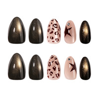 Faux ongles autocollants OEM 3D stéréo en feuille d'or, forme amande, imprimé écaille de tortue et léopard, style rétro automne-hiver, pour manucure prête à poser