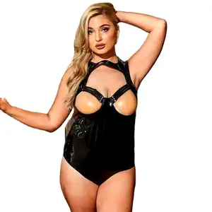 MOGlovers Hot Sexy Women's Black Pu Leather Bodysuit Hollow Erotic One-Piece Maid Vinyl Cosplay Lingerie