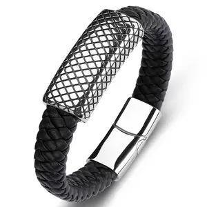 braided black interchangeable leather and stainless steel magnetic clasps women men's bracelets for men women