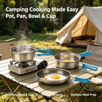 Kit de cuisine de camping 4 pièces en acier inoxydable, pot, poêle, bol, tasse, ensemble léger et portable pour la randonnée, la pêche, les activités de plein air