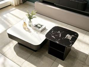 Black <b>White</b> Marble Square Nesting Coffee <b>Table</b> Set, <b>Rounded</b> Corner Storage Drawer & Open Shelf Combination Side <b>Table</b> For Living - Product Image 1