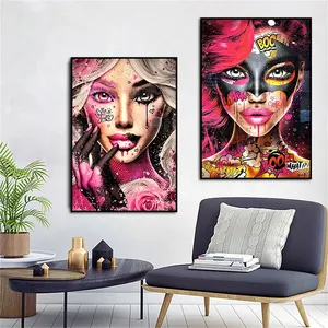 Bibir Merah Muda Grafiti Abstrak Wanita Kanvas Dinding Poster Cetak untuk Hotel Bar Ruang Tamu Dekorasi Rumah Seni Dinding Lukisan Minyak