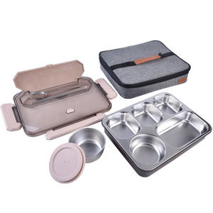 Plastic Lid Stainless Steel 4 Compartment <strong>Plates</strong> Canteen <strong>Plates</strong> Lunch Tray <strong>Tiffin</strong> Lunch Box Food Container - Product Image 1