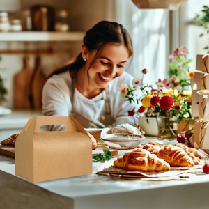Caja de cartón desechable al por mayor con asa para panadería, apta para <span class=keywords><strong>alimentos</strong></span>, en Kraft o blanco, para postres, para panaderías comerciales - Product Image 2