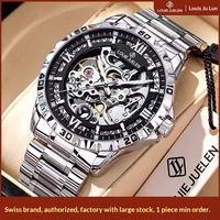 Montre mécanique squelette entièrement automatique 46 mm pour homme, bracelet en acier inoxydable, style luxe léger, étanche et lumineuse