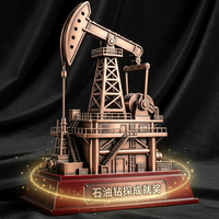 Trophée plateforme pétrolière en cristal fait main, en laiton et bois rouge, artisanat métallique doré découpé et gravé