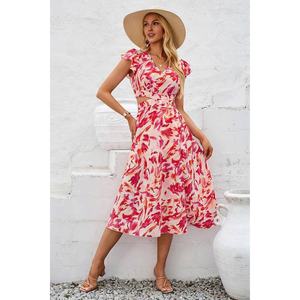 Estate nuova stagione stampa floreale rossa elegante bella stampa su tutta la stampa croce elastico ritagliato in vita da donna - Product Image 3