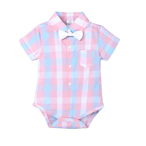 Wholesale Cheap Fashion Clothes Pink Checked Romper and White <b>Pant</b> Baby Boy Romper Gentleman Set With Very Cute Bow Tie - Product Image 2