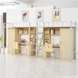 Cama Alta de Acero y Madera para Habitación Compartida Infantil con Dos Escritorios y Almacenamiento <span class=keywords><strong>Central</strong></span> para Hermanos - Product Image 1