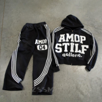 Ensemble survêtement homme personnalisé, pantalon de jogging évasé et sweat à capuche, style streetwear, délavage acide, bande latérale, fermeture éclair, respirant, avec applique brodée