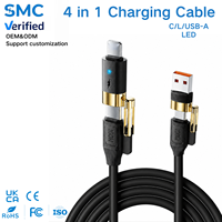 Kabel Pengisi Daya USB-C 4-in-1 Dual Output Pabrik OEM 65W PD 27W Pengisian Cepat 1m Kompatibel dengan iPhone Samsung, Dapat Dikustomisasi