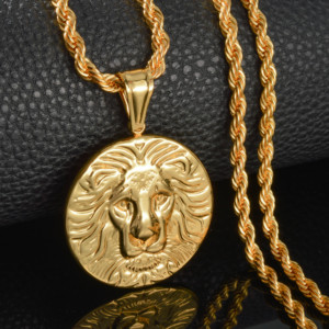 Pendentif Collier Homme Tête de Lion Rond Personnalisable en Acier Inoxydable 316L Plaqué Or 18K avec Chaîne Épaisse Torsadée - Product Image 5
