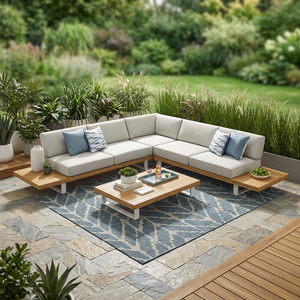 Teak <b>Outdoor</b> Garden <b>Sofa</b> Set with High-Density Foam Cushions Modern Design Waterproof Eco-Friendly Courtyard Furniture - Product Image 2