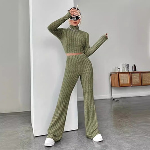 Women's <b>Sweater</b> <b>Set</b> Long Sleeve Crop Top And Wide Leg Pants Solid Color Casual Suit For Autumn Winter Smlxl - Product Image 4