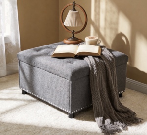 Modern Fabric <b>Storage</b> Ottoman Square Upholstered Footstool <b>with</b> Nailhead Trim Coffee Table for Bedroom - Product Image 1