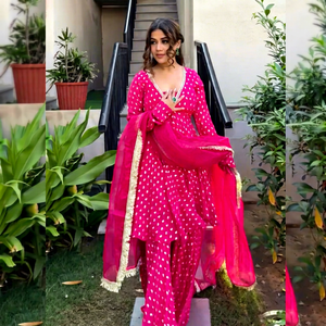 Conjunto Sharara Rosa Jacquard para Mujer, Traje Étnico Indio, Blusa Larga con Estampado Floral, Dupatta de Tela de Red, Vestido para Boda o Fiesta - Product Image 1