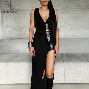 Abito da donna estivo con scollo a V, senza maniche, con fibbia in metallo, stile wild e <span class=keywords><strong>sexy</strong></span>, aderente, con arricciature laterali e spacco. - Product Image 1