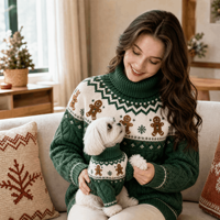 Ensemble de pulls personnalisés ODM OEM en gros pour Noël, col roulé, assortis pour animaux de compagnie et propriétaires, motif renne et bonhomme de neige