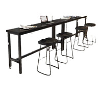 Table de bar industrielle longue en bois massif carbonisé noir avec structure métallique pour café, restaurant, maison, côté fenêtre