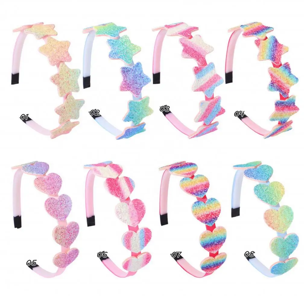 2023 Wholesale Girls Colorful Sequin Heart Hair Bands Kids Gradient Rainbow Stars Glitter Headbands for Party