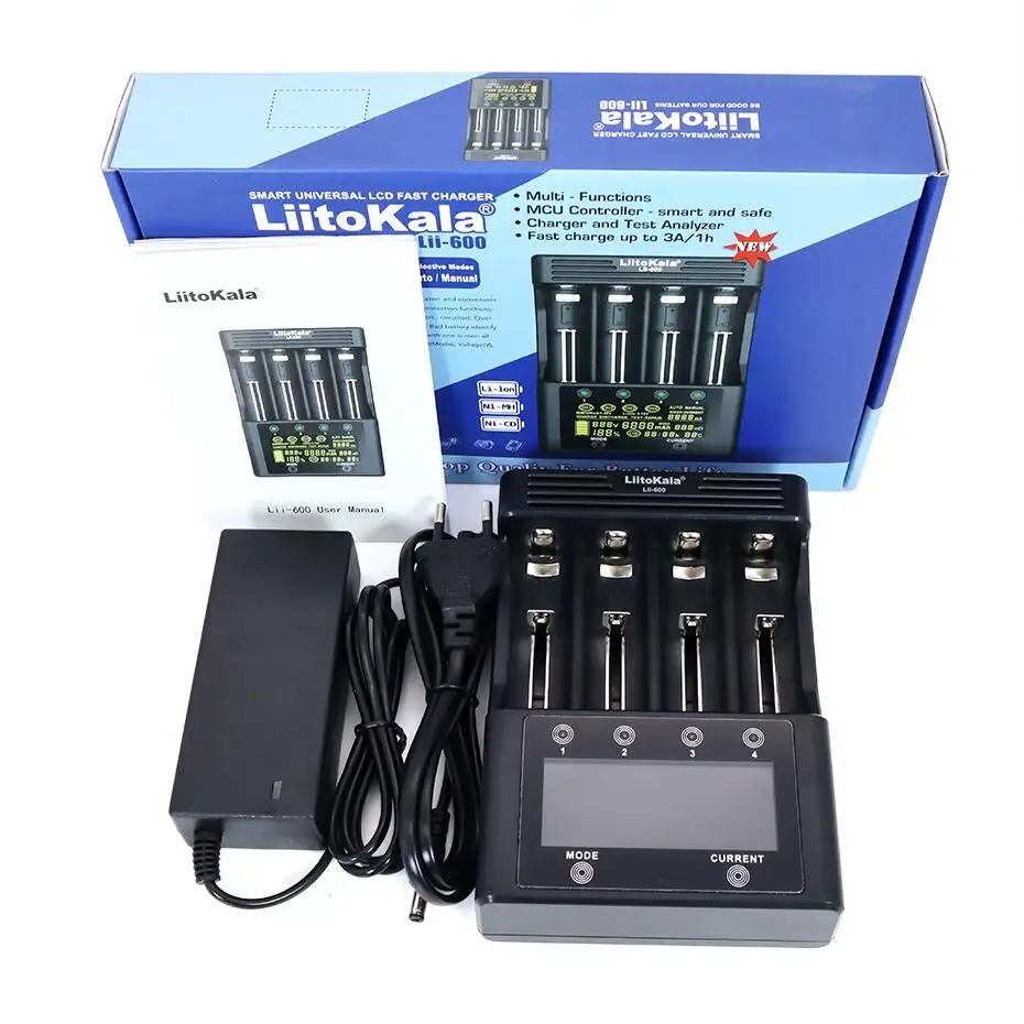 LiitoKala Lii-600 Cerdas LCD Orisinil, Pengisi Daya Baterai 4 Slot untuk Baterai 18650 21700 26650 Nimh AA 1.2V Lifepo4