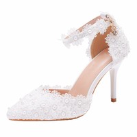 Vente en gros directe usine – Chaussures de soirée pour femme à talons aiguilles multicolores en dentelle et perles, avec bride de cheville – ODM OEM