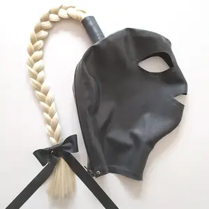 Fetish Open Eyes Mouth with Blond Hair Pieces Wig Pigtail and Bow Back Zipper Sexy Black Latex Hood Mask