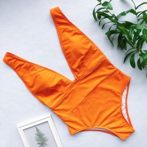 Traje de baño de Color liso con cuello en V profundo sin espalda Monokini traje de baño de una pieza <span class=keywords><strong>Bikini</strong></span> Sexy - Product Image 5