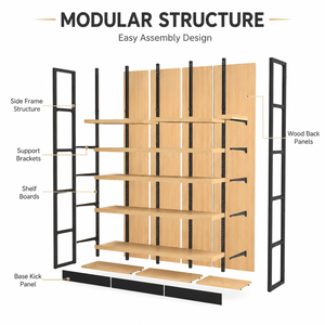 Étagère gondole robuste à un seul côté, panneau arrière en métal, cadre en métal noir, 5 baies, 5 niveaux, autoportante, pour supermarché - Product Image 5