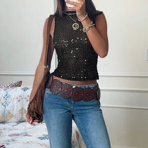 Blouse en mousseline transparente à paillettes à col rond style streetwear individualiste pour fille branchée, légère et sexy, sans manches - Product Image 2