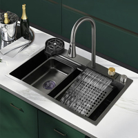 Smart Nano 201/304 Double bol en acier inoxydable, évier de cuisine fait à la main avec robinet cascade