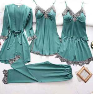 Sfy1914 Wholesale 5 Pieces Women's Lace Silk <b>Robe</b>+Top+Dress+Shorts+Trousers Pajamas Set Breathable <b>Sheer</b> 3D Embroidery Nightgown - Product Image 2