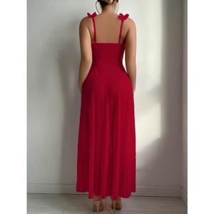 Robe longue en dentelle florale rouge sexy pour femmes, robe en dentelle florale pastorale sexy en maille pour femmes - Product Image 3