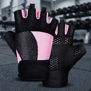 Gants de cyclisme mi-doigts en polyester noir et rose, respirants en maille, unisexes, pour l'été, à enfiler - Product Image 5
