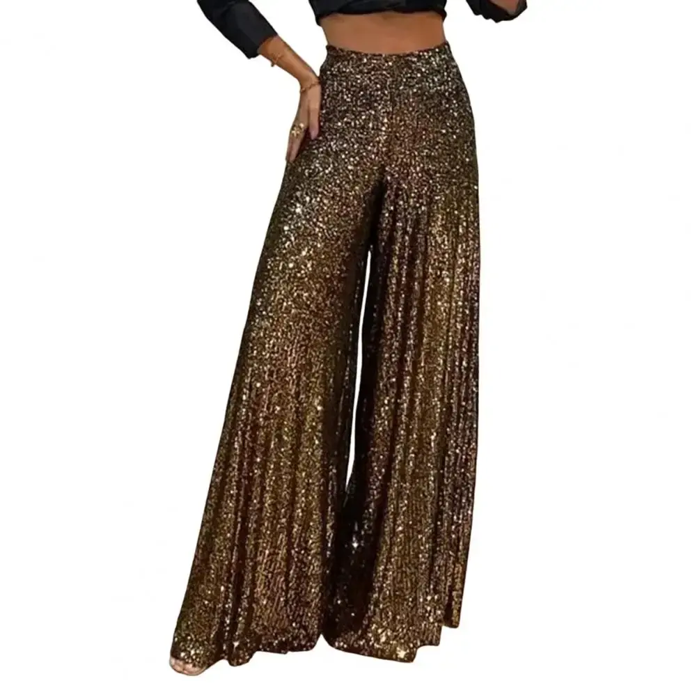 High Waist Elastic Long Trousers Waistband Straight Full Length Women Pants Club Night Sequins Loose Wide Leg Pants